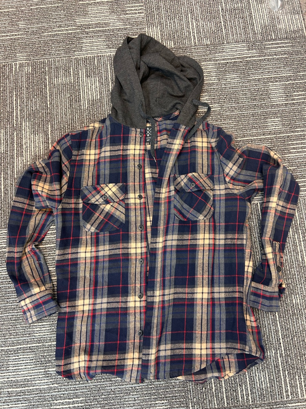 Kids Hooded Plaid Button-Up Shirt - Navy, Cream & Red